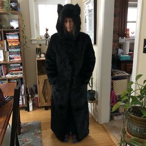 SpiritHoods black faux fur long warm winter jacket with ears on the hood